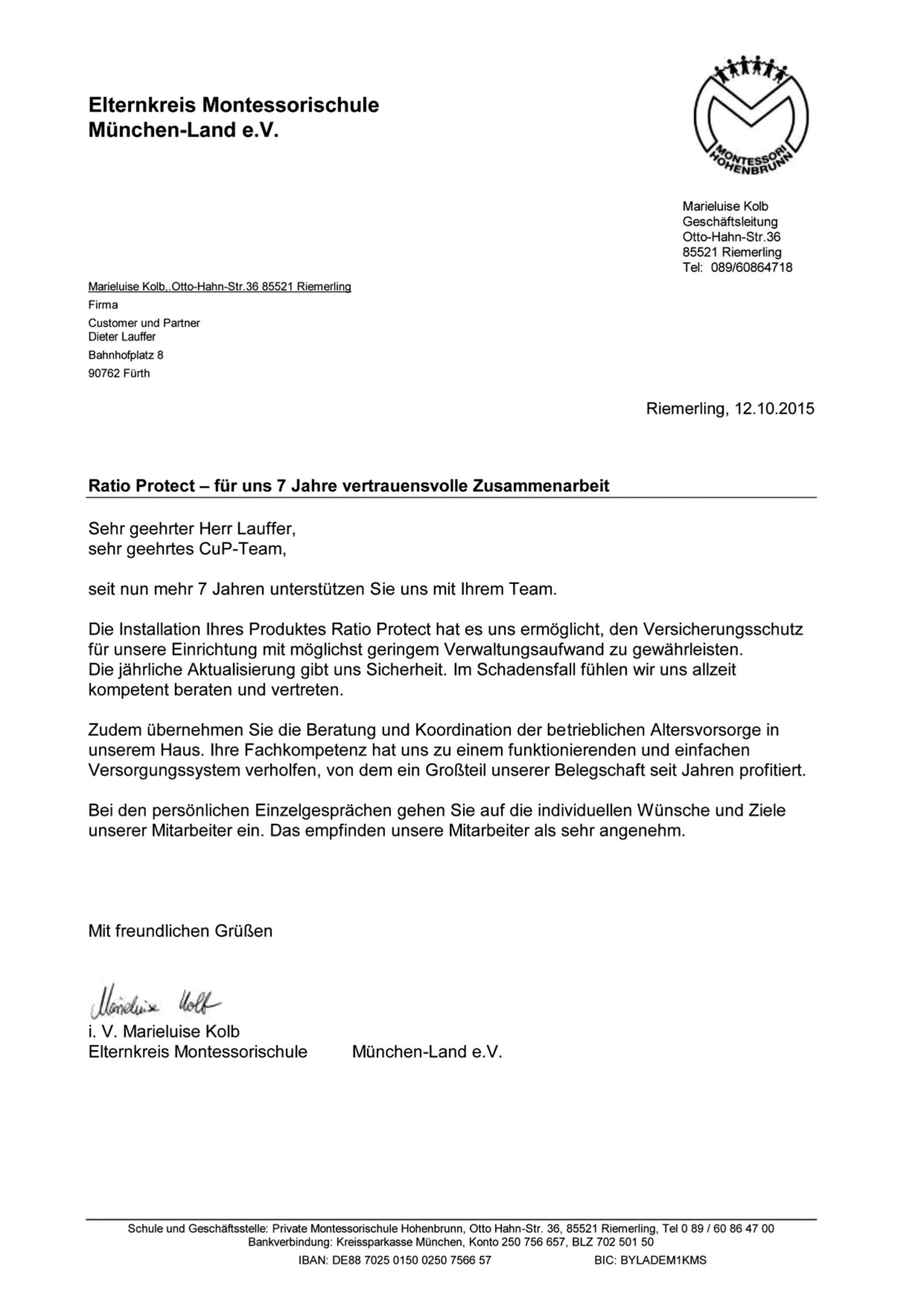 Das denkt der Elternkreis Montessorischule München Land über CuP Versicherungsmakler